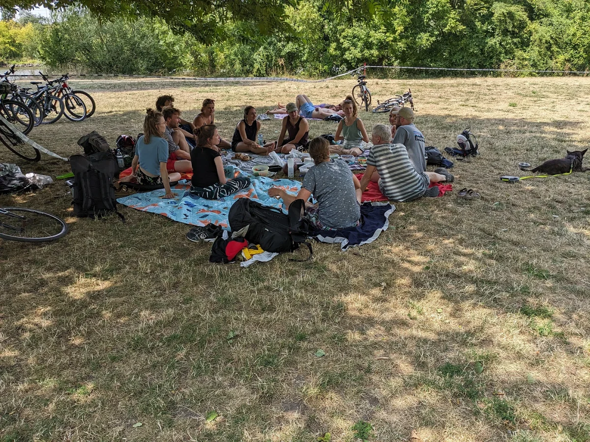 Mehrere Personen im Sitzkreis beim Picknick unter Bäumen im Schatten