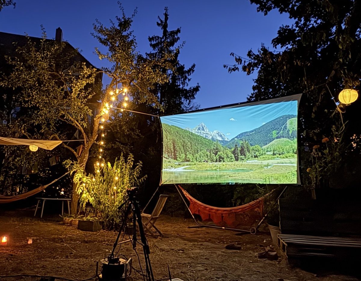 Leinwand hängt in einem Garten zwischen Obstbäumen. Auf der Leinwand ist eine Berglandschaft.